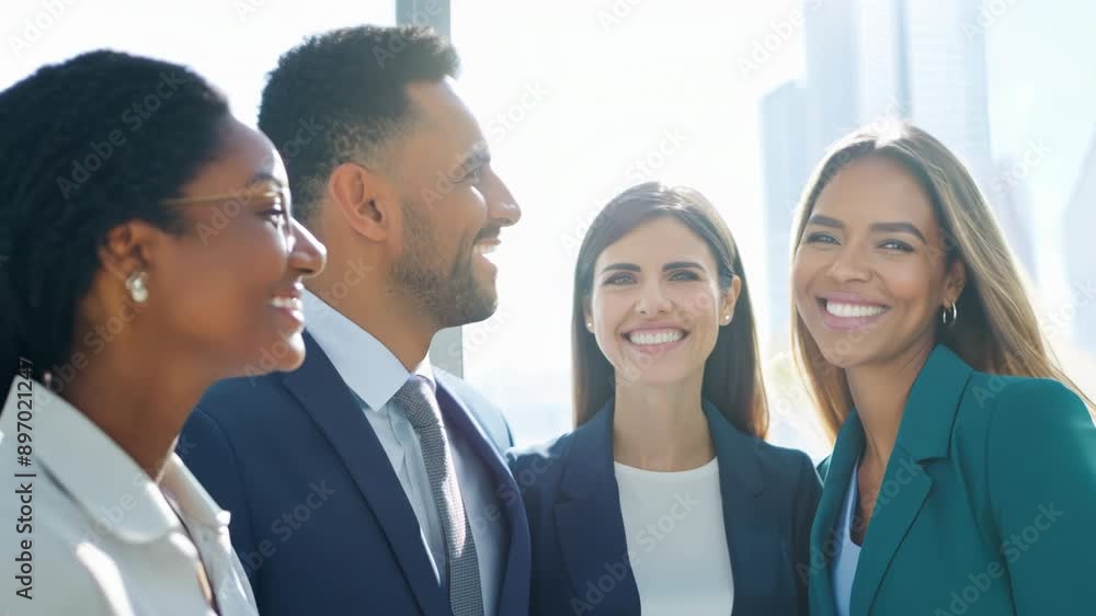 Diverse business team smiling in modern office setting Diverse business team smiling in modern office setting