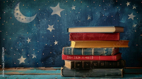 Stack of books with a whimsical illustrated background of stars and moon photo