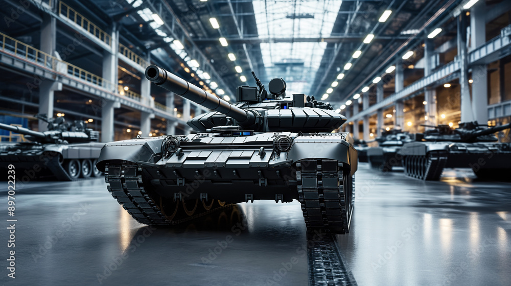 Main battle tank in foreground of a large industrial factory or warehouse, with additional tanks in the background under bright overhead lighting. Main battle tank in foreground of a large industrial factory or warehouse, with additional tanks in the background under bright overhead lighting.