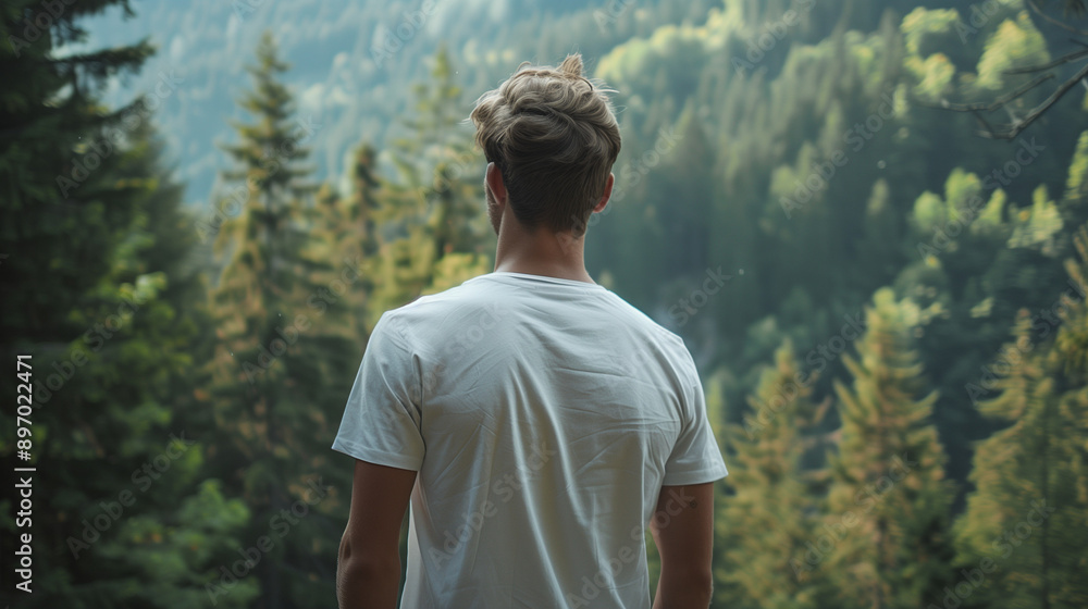 mock up of a man wearing a plain white t-shirt from behind, with a mountain forest background with dense green trees, Ai generated Images mock up of a man wearing a plain white t-shirt from behind, with a mountain forest background with dense green trees, Ai generated Images
