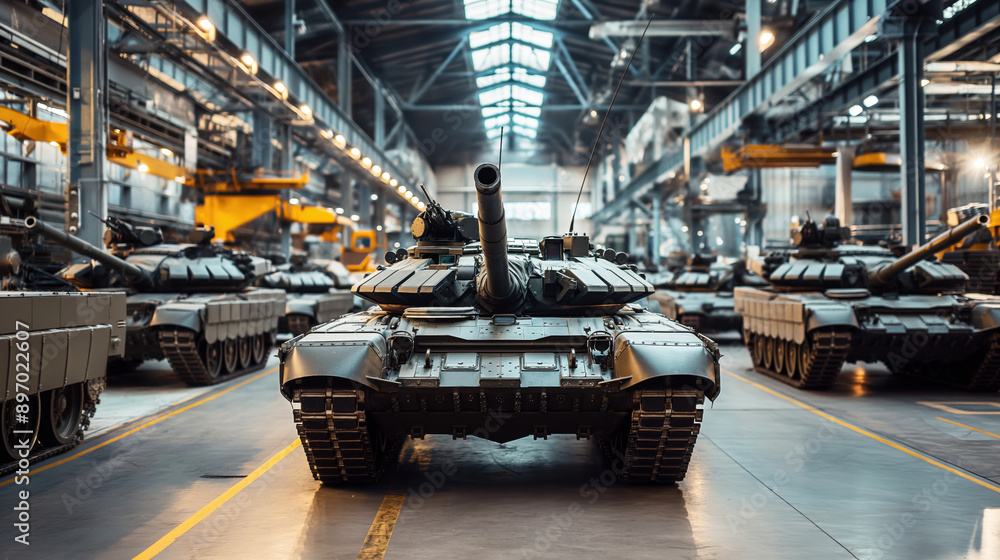 Military factory interior with several tanks aligned, focusing on a ...