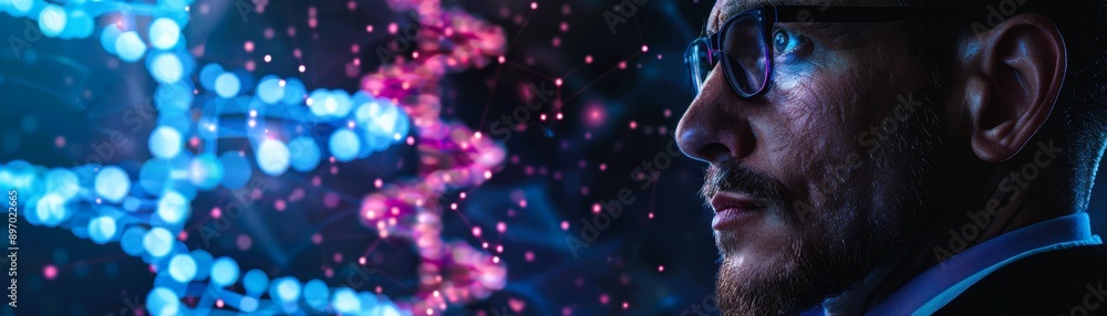 A man contemplating DNA structures in a futuristic environment, symbolizing innovation and scientific breakthroughs.