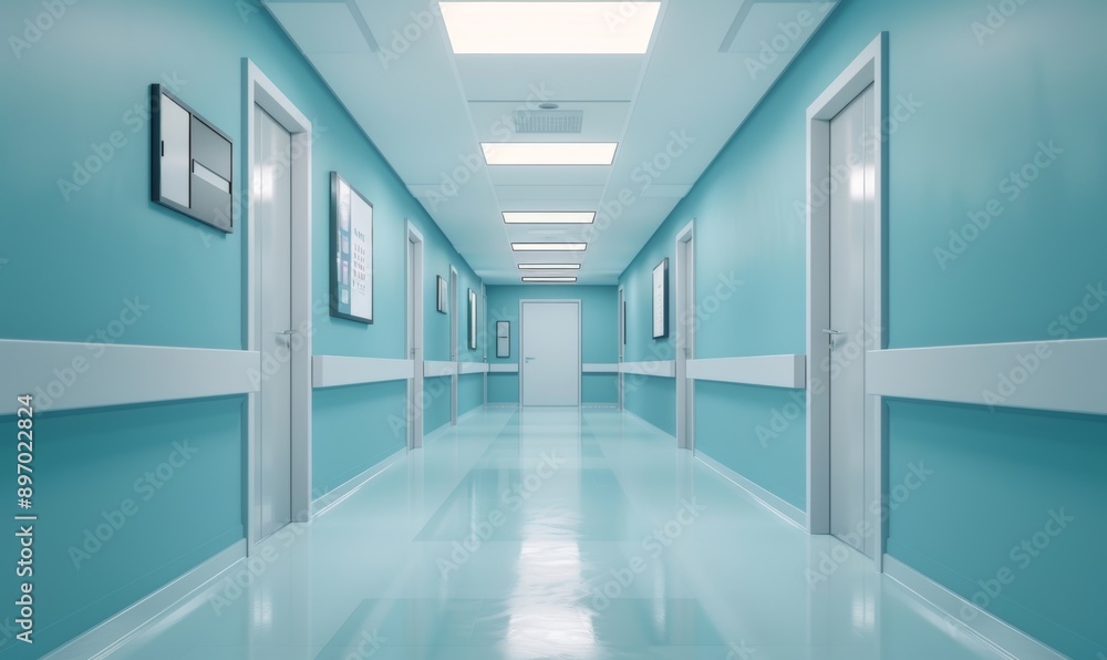 extremely clean and bright hospital hallway with light blue walls, white doors, and floor, no windows, creating a serene and professional atmosphere extremely clean and bright hospital hallway with light blue walls, white doors, and floor, no windows, creating a serene and professional atmosphere