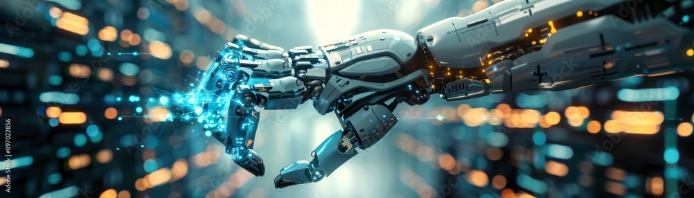 Futuristic robotic hand interacting with digital elements, showcasing advanced technology and innovation in a vibrant environment. Futuristic robotic hand interacting with digital elements, showcasing advanced technology and innovation in a vibrant environment.