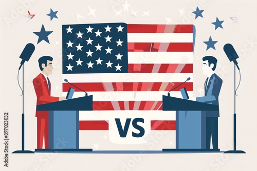 Two silhouettes of political candidates engage in a debate on stage with an American flag backdrop, showcasing a symbolic confrontation photo