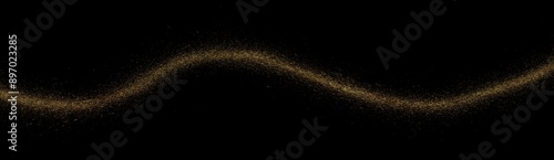 Wavy golden horizontal stripe, plume crumbs. Gold abstract wave sprinkled texture, jewelry dust in black background. Sand particles or pieces. photo