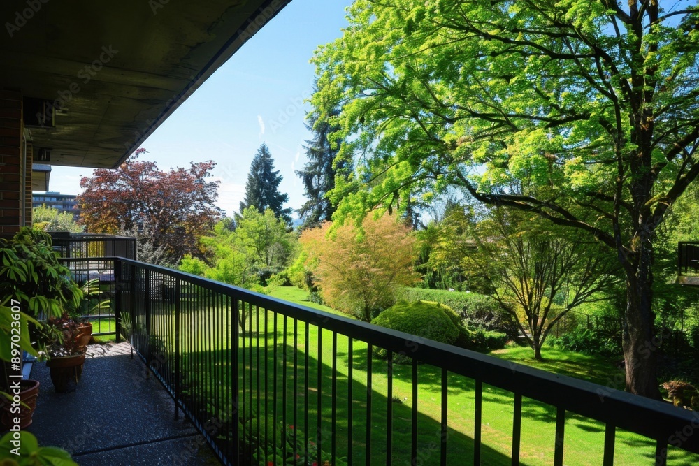 Fototapeta premium Balcony View in Seattle Apartment: Outside Grass and Blue Sky Scenery