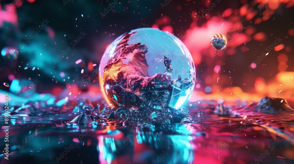 Futuristic Holographic Earth: Ice Melting in Vibrant Tech-Infused Display Futuristic Holographic Earth: Ice Melting in Vibrant Tech-Infused Display