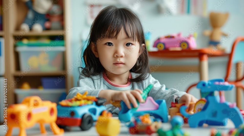 Sweet little girl arranging toys on kindergarten classroom Sweet little girl arranging toys on kindergarten classroom