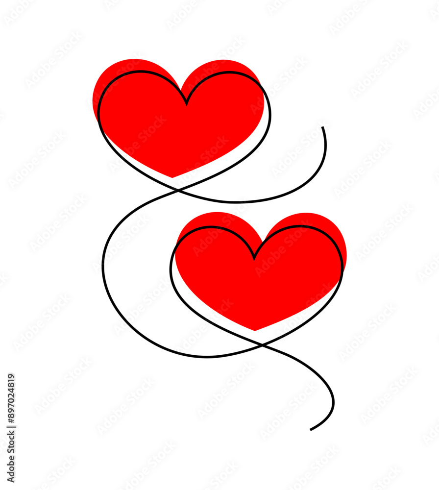 Two linked heart, continuous one line drawing with red heart spot. Double heart hand drawing, minimalist illustration of love concept made of one line. Two linked heart, continuous one line drawing with red heart spot. Double heart hand drawing, minimalist illustration of love concept made of one line.