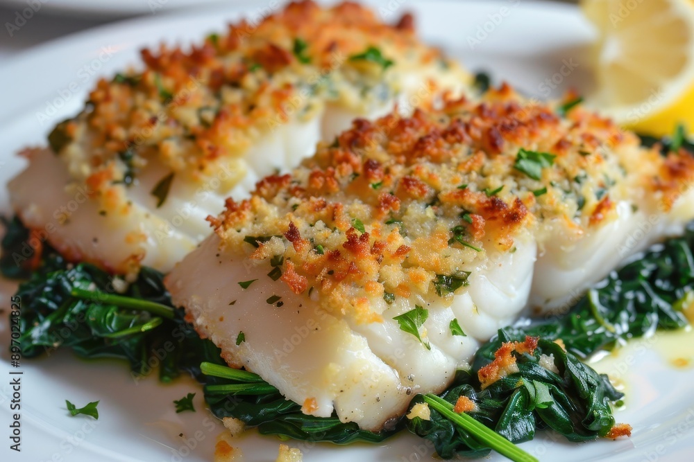 A dish of baked cod, topped with a lemon herb crust and served with a side of sauted spinach. A dish of baked cod, topped with a lemon herb crust and served with a side of sauted spinach.