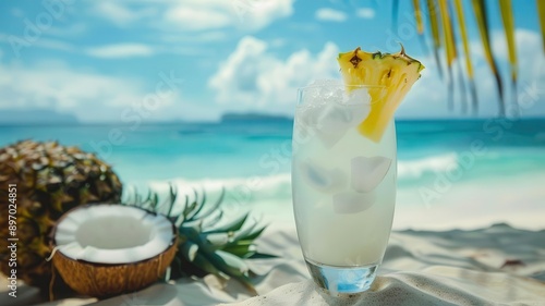 Frosty glass with pineapple and coconutinfused water, tropical beach setting, vacation vibes photo