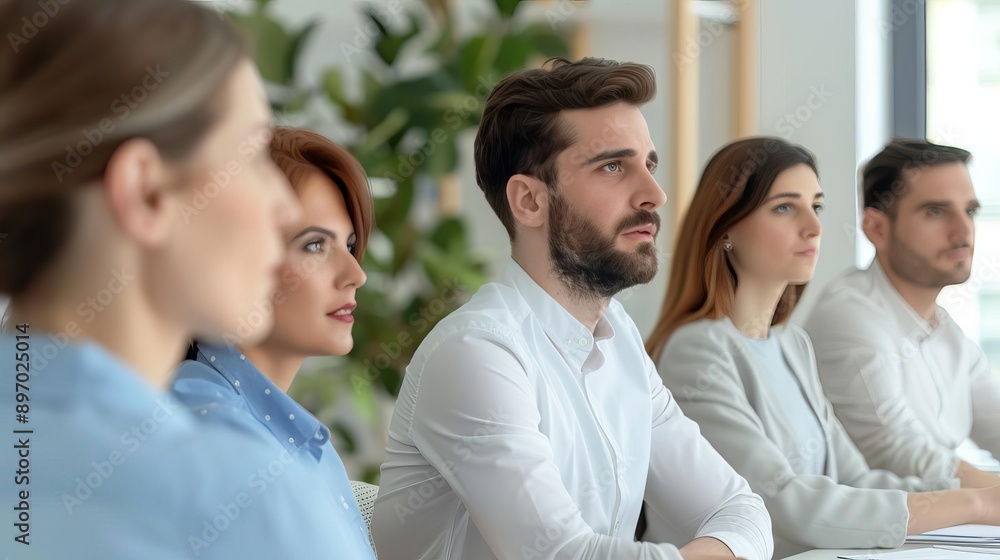 Employee benefits meeting with workers discussing insurance plans, employee insurance, comprehensive workplace coverage Employee benefits meeting with workers discussing insurance plans, employee insurance, comprehensive workplace coverage