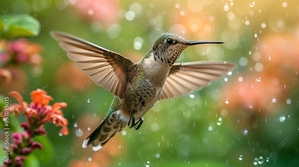 Fototapeta premium Hummingbird Hovering in Rain Near Vibrant Flowers