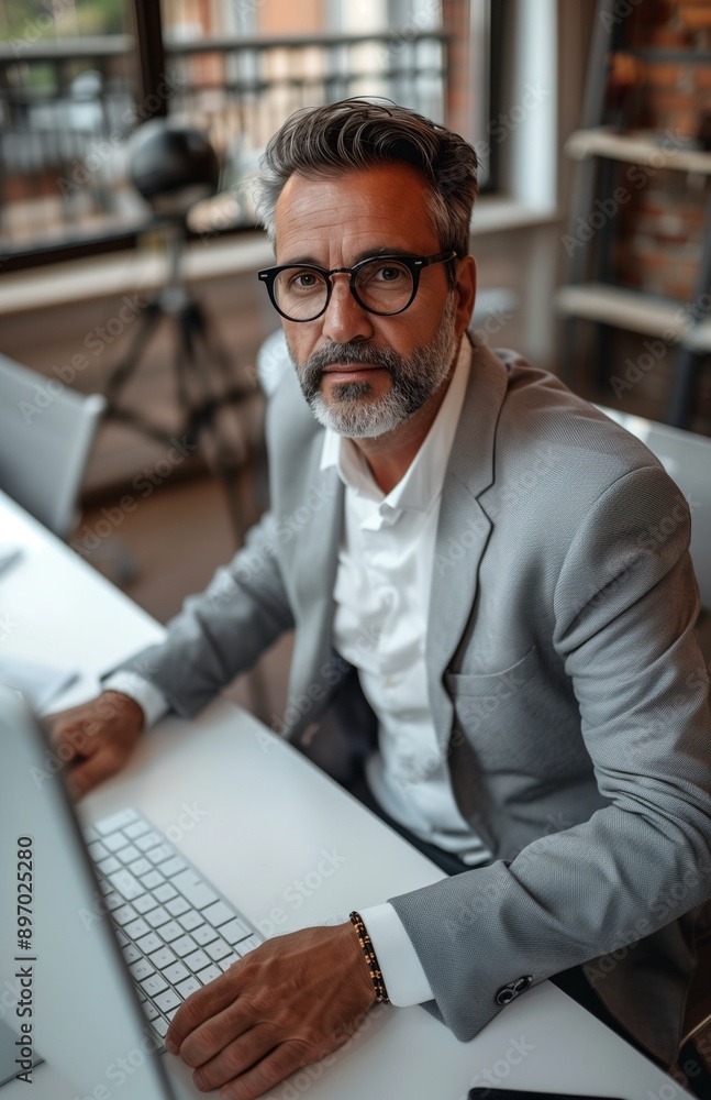 A mature man in an office, sitting at a white desk with a computer, calculator, grey suit, and glasses A mature man in an office, sitting at a white desk with a computer, calculator, grey suit, and glasses