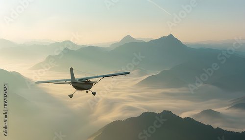 Private Small airplane. Small Aircraft in fly action above Summer mountains background. Hight view. Natural Morning light and shadows.