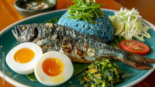 Nasi Kerabu, a feast for the senses, presented in all its flavorful glory with blue rice, fresh herbs, vegetables, salted egg, and succulent grilled fish photo