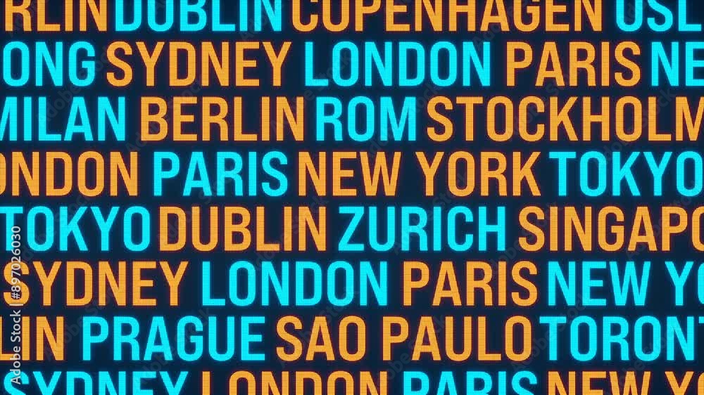 Random city names like Toky, Sydney, New York, Paris, Rom apears on the screen. Tourism, travel destination, vacation, journey, famous places. Random city names like Toky, Sydney, New York, Paris, Rom apears on the screen. Tourism, travel destination, vacation, journey, famous places.