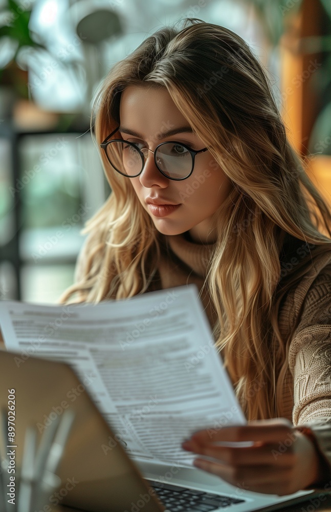 A young businesswoman at her office desk, working on a laptop and reading a paper document. A young businesswoman at her office desk, working on a laptop and reading a paper document.
