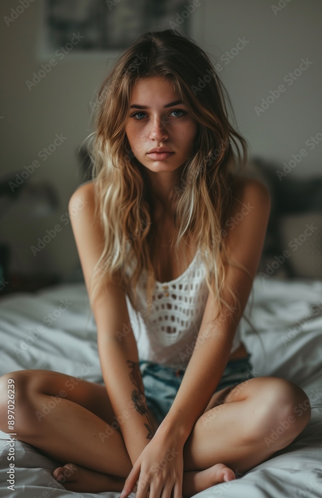 Young woman in bedroom on bed feeling sad and depressed after argument with husband Young woman in bedroom on bed feeling sad and depressed after argument with husband