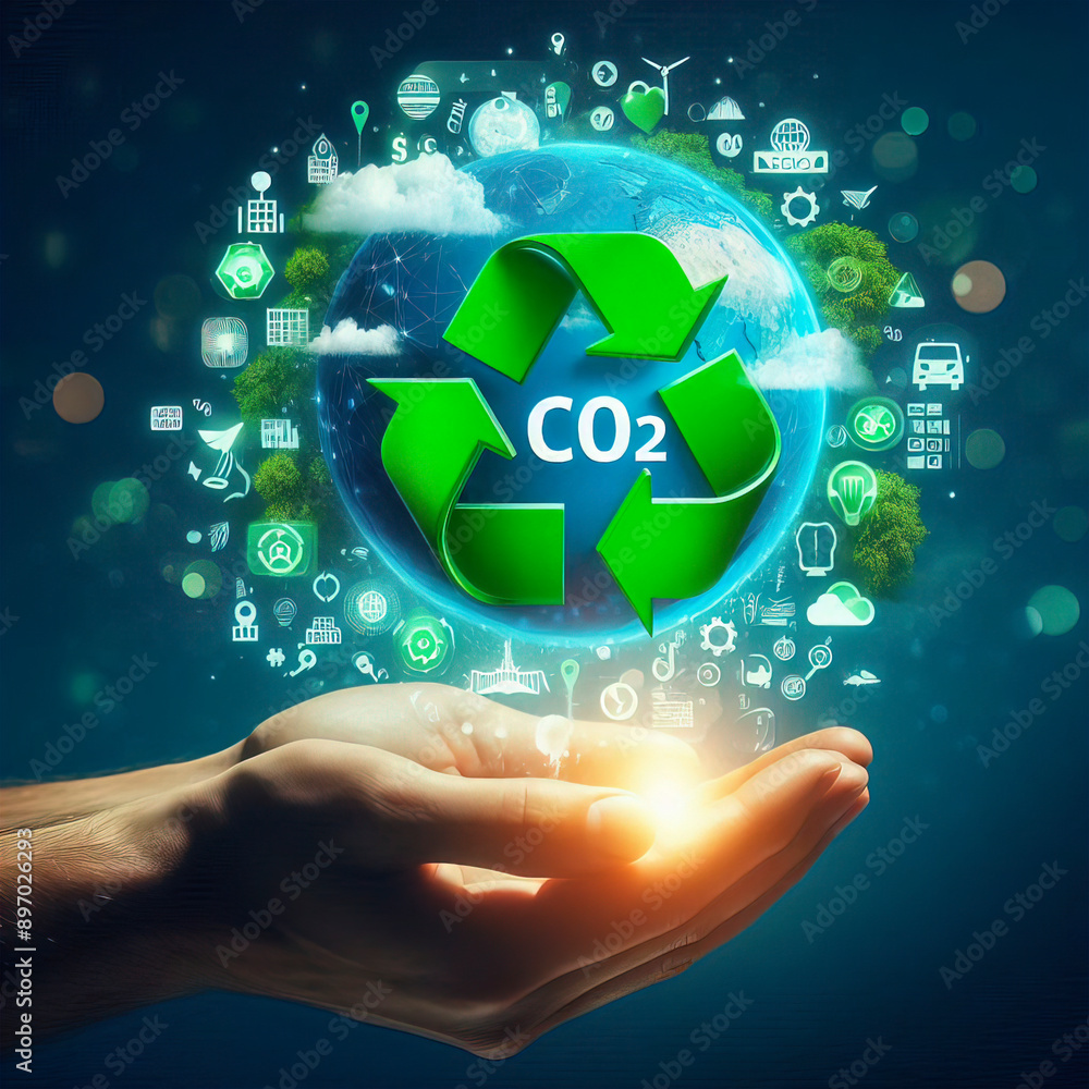 Reduce CO2 emission concept. A hand holds a green CO2 emissions symbol ...
