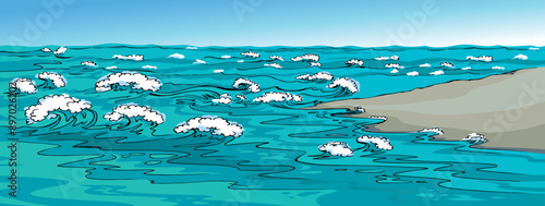 Vector drawing. A man on the shore after a shipwreck
