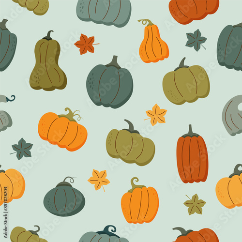 Autumn pumpkins seamless pattern. Pumpkins background. Autumn, harvest, Thanksgiving and Halloween concept.
