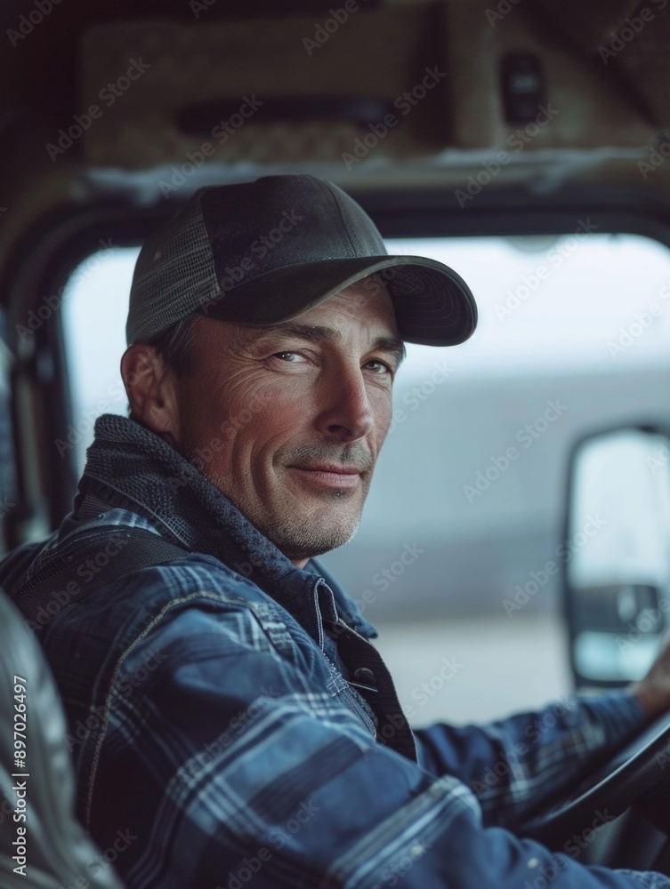 A person sitting in the driver's seat of a truck, ready to hit the road A person sitting in the driver's seat of a truck, ready to hit the road