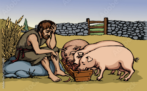 Vector drawing. A sad man and pigs