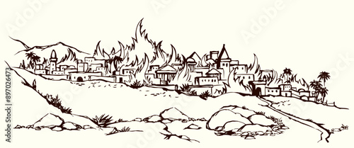 Vector drawing. Fire in the city