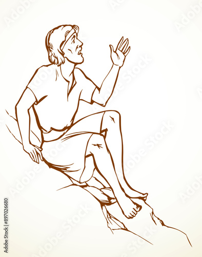 Vector drawing. Man sitting on the rock