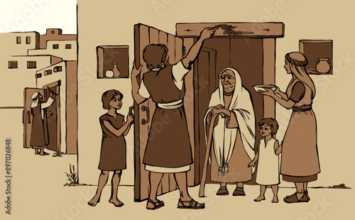 Vector drawing. The family fulfills God's command. Anoints the doorposts with the blood of the lamb