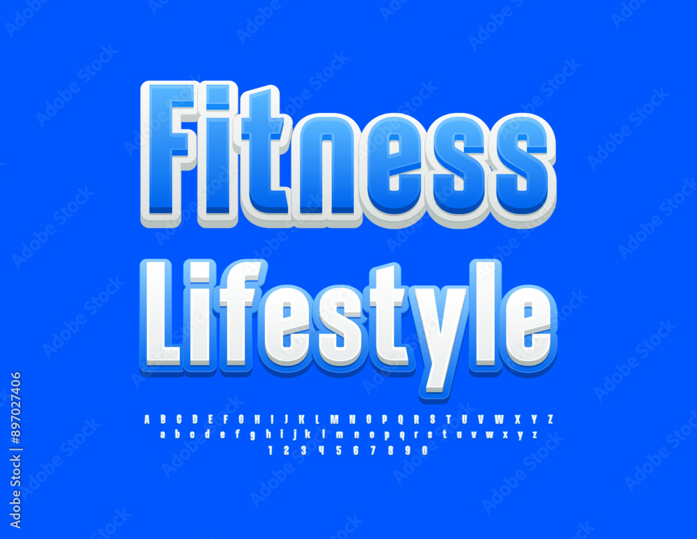 Vector bright logo Fitness Lifestyle. White and Blue Elegant Font. Artistic Alphabet Letters and Numbers set. Vector bright logo Fitness Lifestyle. White and Blue Elegant Font. Artistic Alphabet Letters and Numbers set.