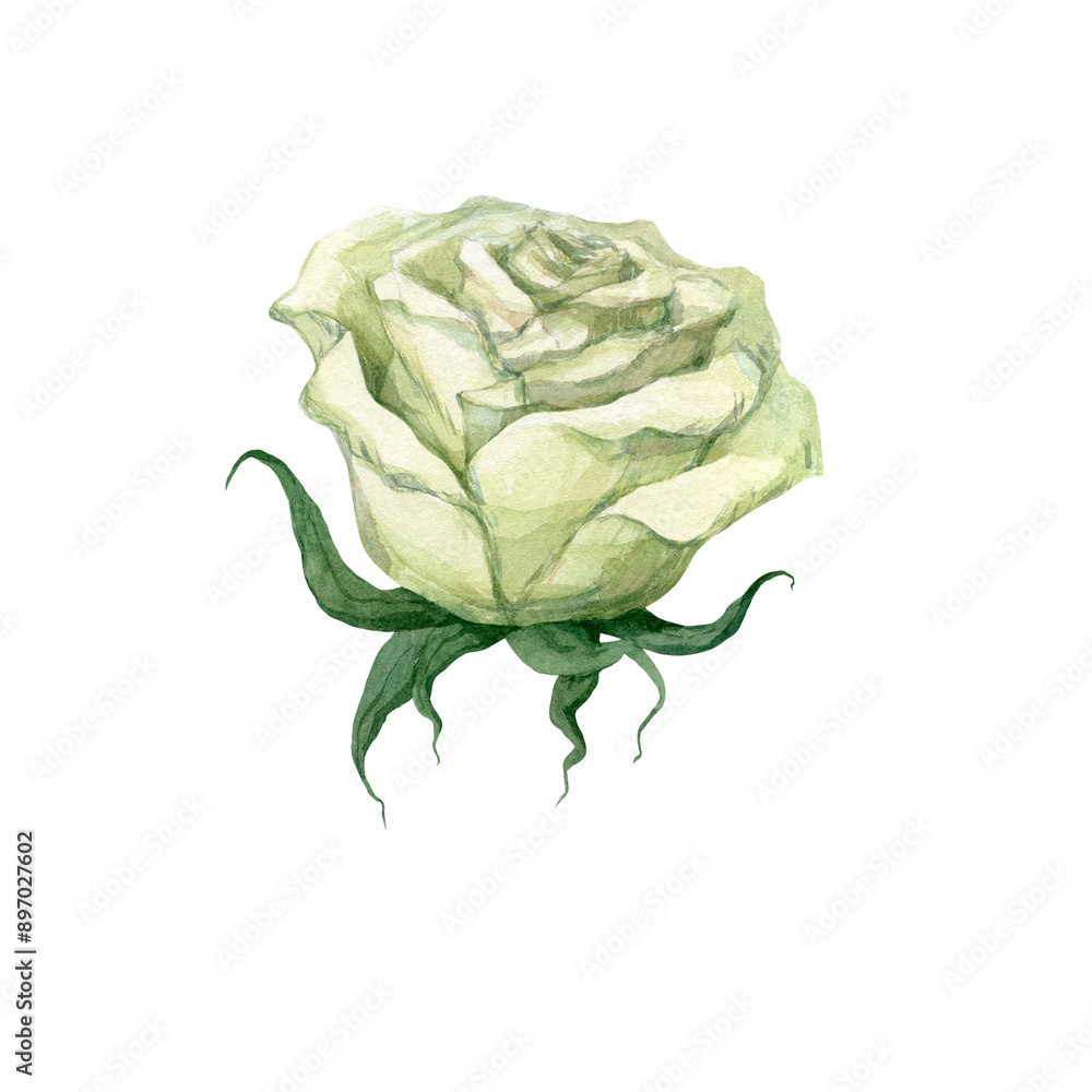 Obraz premium Watercolor illustration of a white rose bud