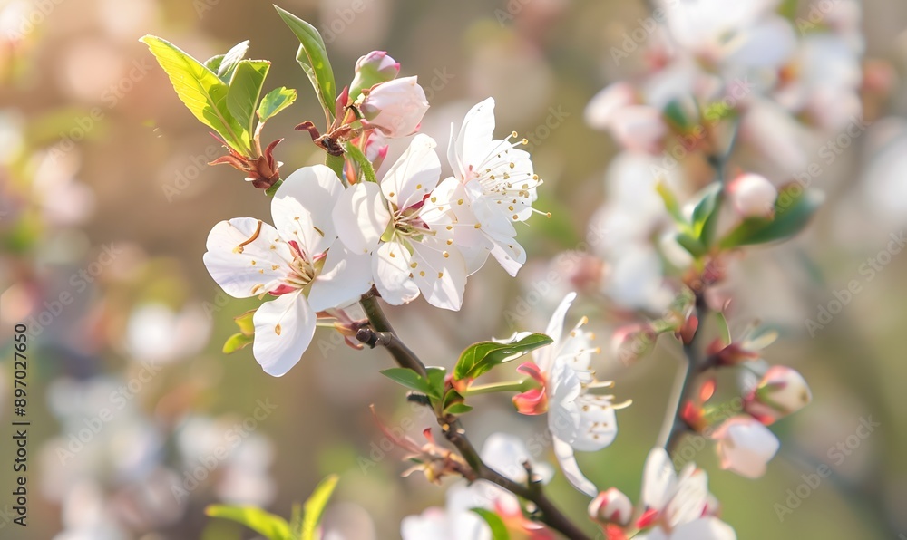 white flowers on peach branches with green leaves and pink buds, Generative AI white flowers on peach branches with green leaves and pink buds, Generative AI