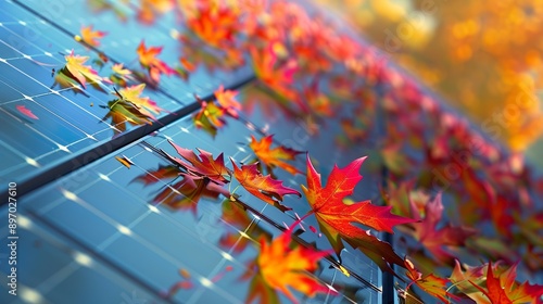 An artistic shot of solar panels with colorful autumn leaves in the foreground, blending nature with sustainable energy technology in a seasonal context.
