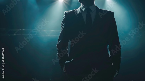 A businessman stands confidently in front of spotlight lights, ready for a presentation or meeting