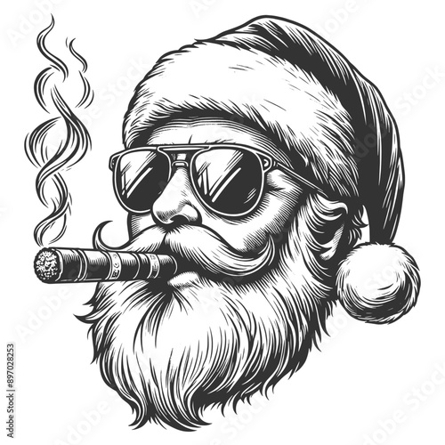 Santa Claus wearing sunglasses and smoking a cigar, christmas holiday character sketch engraving generative ai fictional character vector illustration. Scratch board imitation. Black and white image.