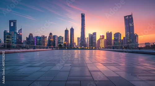 Modern city skyline at dawn from an empty square floor and bridge, providing a fresh and inspirational urban backdrop.