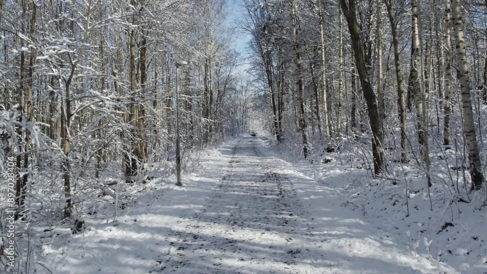 Empty Rural Road Covered In Fresh Snow During Winter. Zoom Out Shot Empty Rural Road Covered In Fresh Snow During Winter. Zoom Out Shot