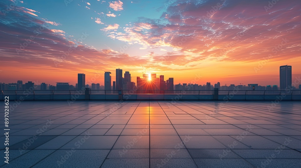 Serene sunrise view from an empty square floor and bridge, with a modern city skyline in the background. Ideal for inspirational designs. Serene sunrise view from an empty square floor and bridge, with a modern city skyline in the background. Ideal for inspirational designs.