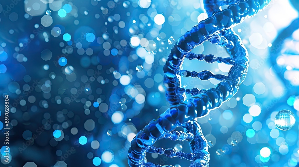 Spiral of blue DNA double helix with light bokeh and bubbles on a stunning blue background, perfect for scientific and tech visuals. Spiral of blue DNA double helix with light bokeh and bubbles on a stunning blue background, perfect for scientific and tech visuals.