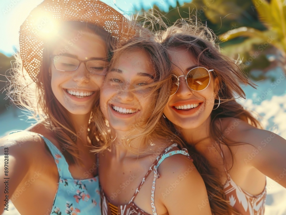 Fototapeta premium Three women posing for a photo shoot on a sunny day at the beach