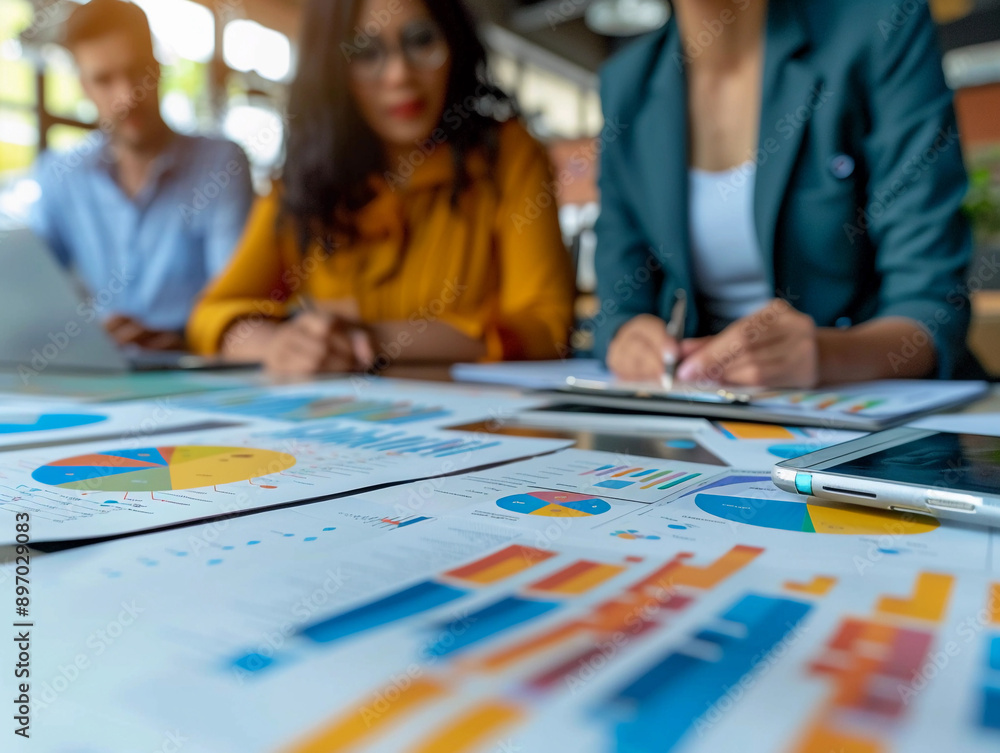 Business Team Reviewing Colorful Charts and Graphs During a Meeting Business Team Reviewing Colorful Charts and Graphs During a Meeting