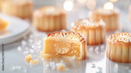 Mooncakes with white lotus paste for the Mid-Autumn Festival, Chinese Moon Festival, Zhongqi