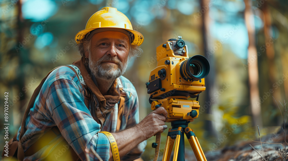 experienced surveyor with grey hair measuring land in a forested area, using advanced equipment and wearing a yellow hard hat experienced surveyor with grey hair measuring land in a forested area, using advanced equipment and wearing a yellow hard hat