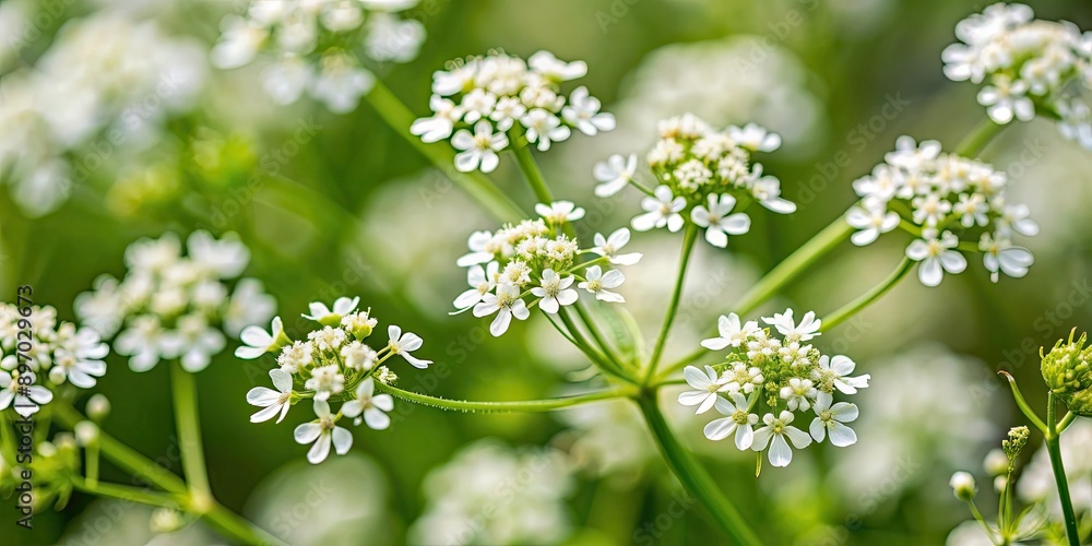 Close-up of delicate white coriander plant flowers in bloom, Coriander, Apiaceae, Chinese-parsley, herb, spice, fresh