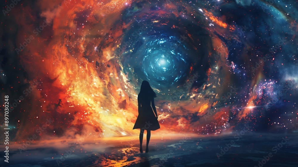 A Silhouette of a Woman Standing Before a Cosmic Vortex A Silhouette of a Woman Standing Before a Cosmic Vortex