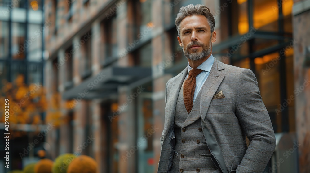 A full-body shot of a candidate dressed in professional interview attire, standing outside an office building A full-body shot of a candidate dressed in professional interview attire, standing outside an office building