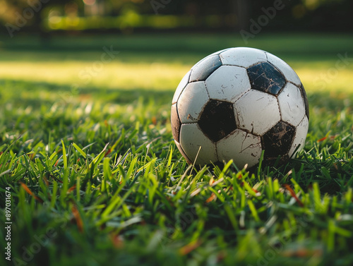 Worn Soccer Ball Resting on Lush Green Grass in Park